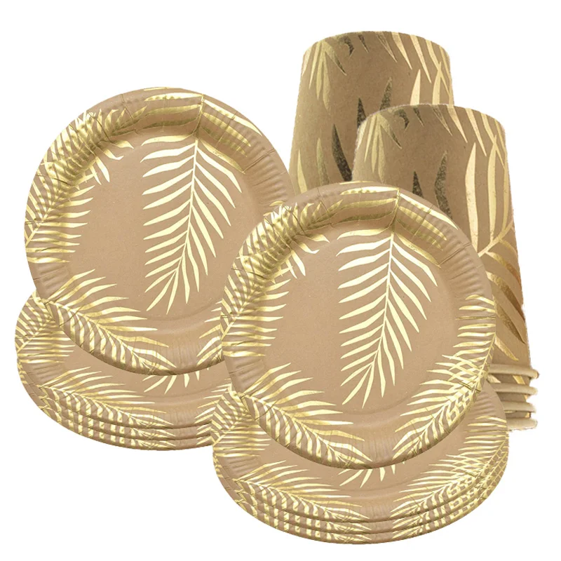 

Hawaii Palm Leaf Foil Thick Paper Plates Cups Napkins Disposable Tableware Home Decor Birthday Party Supplies for Kids Adult