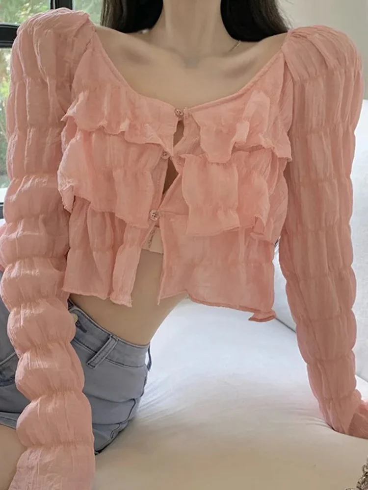 Рубашка женская шифоновая с оборками модная блуза круглым вырезом и длинными