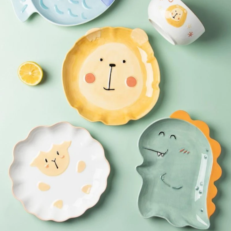 

Creative Korean Cartoon Ceramic Cutlery Cute Children's Plate Dinosaur Plate Home Lion Dish Dessert Plate Fruit Plate