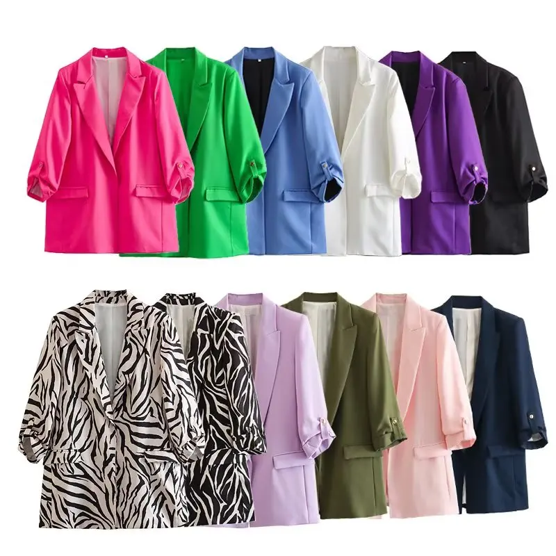 

2023 Spring/Summer Women's New European and American Quality Loose Casual Versatile Multi Color Roll Sleeve Mid Length Suit Coat
