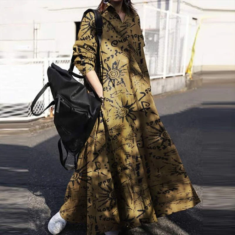 Женский свободный сарафан с длинным рукавом Осеннее женское платье отворотом