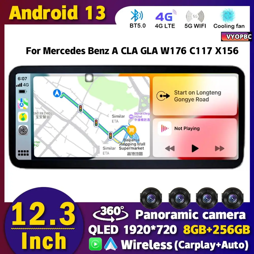 

12.3" Android 13 Car Radio Multimedia Player For Mercedes Benz A CLA GLA W176 X117 X156 W463 2013-2018 GPS Navi Carplay Auto BT