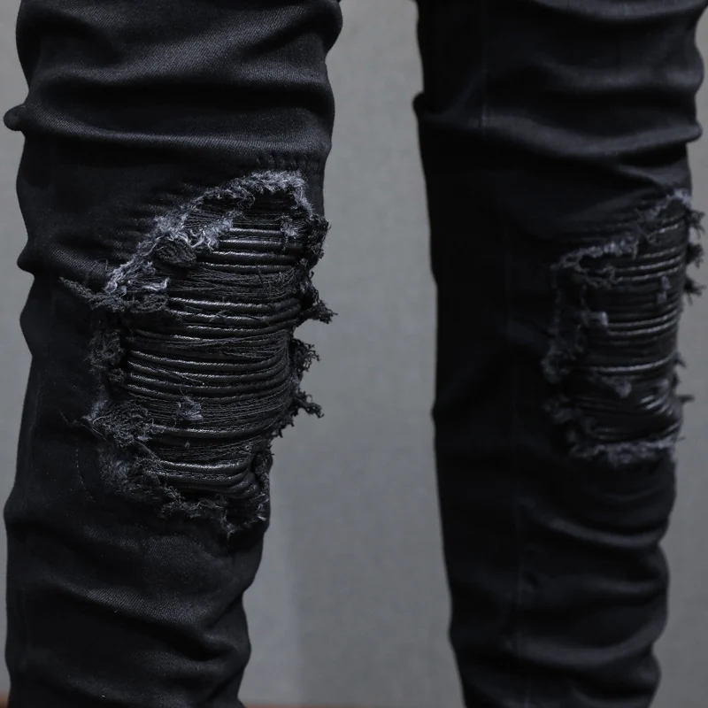 High Street Fashion Men Jeans Black Stretch Elastic Skinny Ripped Jeans Men Broken Leather Patched Designer Hip Hop Brand Pants