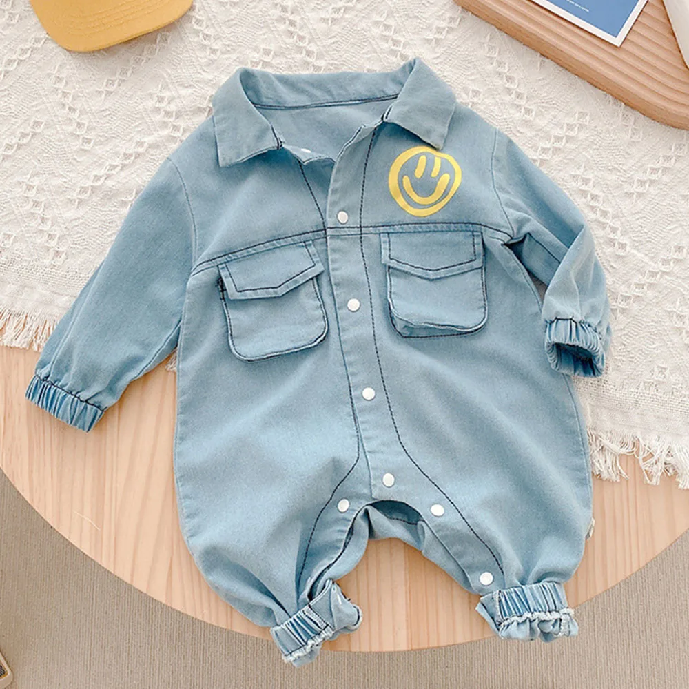 Newborn Unisex Clothes Blue Denim Long Sleeve Baby Girl Boy Romper Cotton Peter Pan Collar Spring Autumn Fashion Infant Onesies