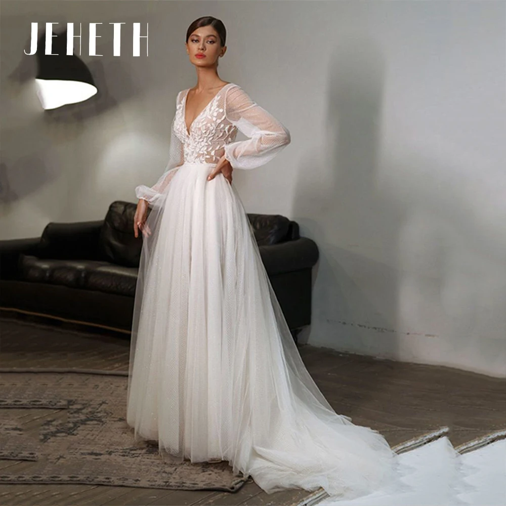 

JEHETH Long Sleeves Illusion Tulle Bohemian Wedding Dress Deep V-Neck Lace Applique A-Line Bride Gown Robe De Mariée Sweep Train