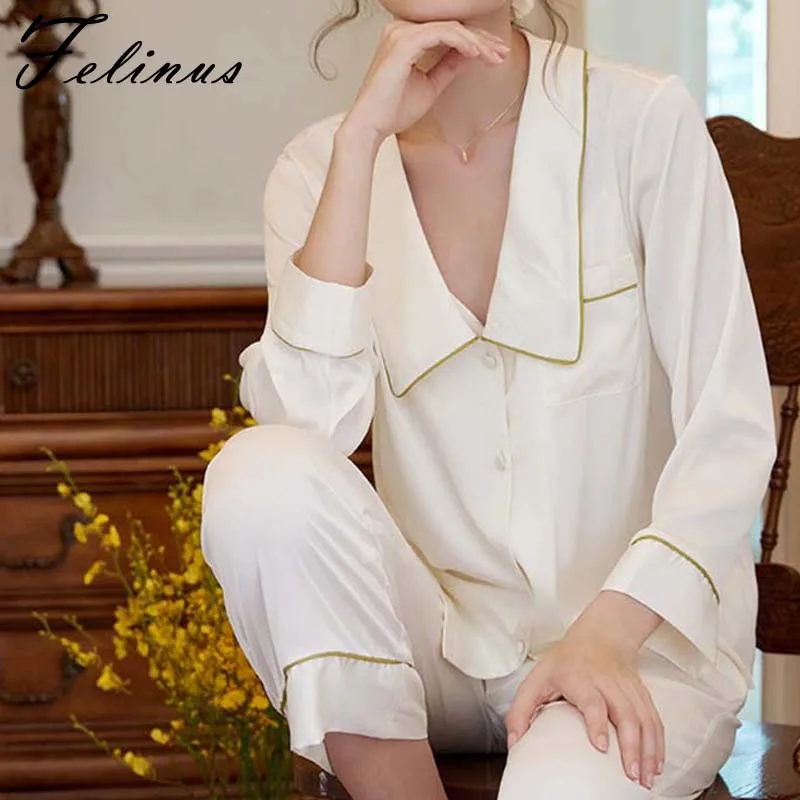 

Felinus Women Solid Home Suit Ice silk Lapel long sleeves Trousers Home Pajamaset Satin Worn Outside Homewear Female Nightgown