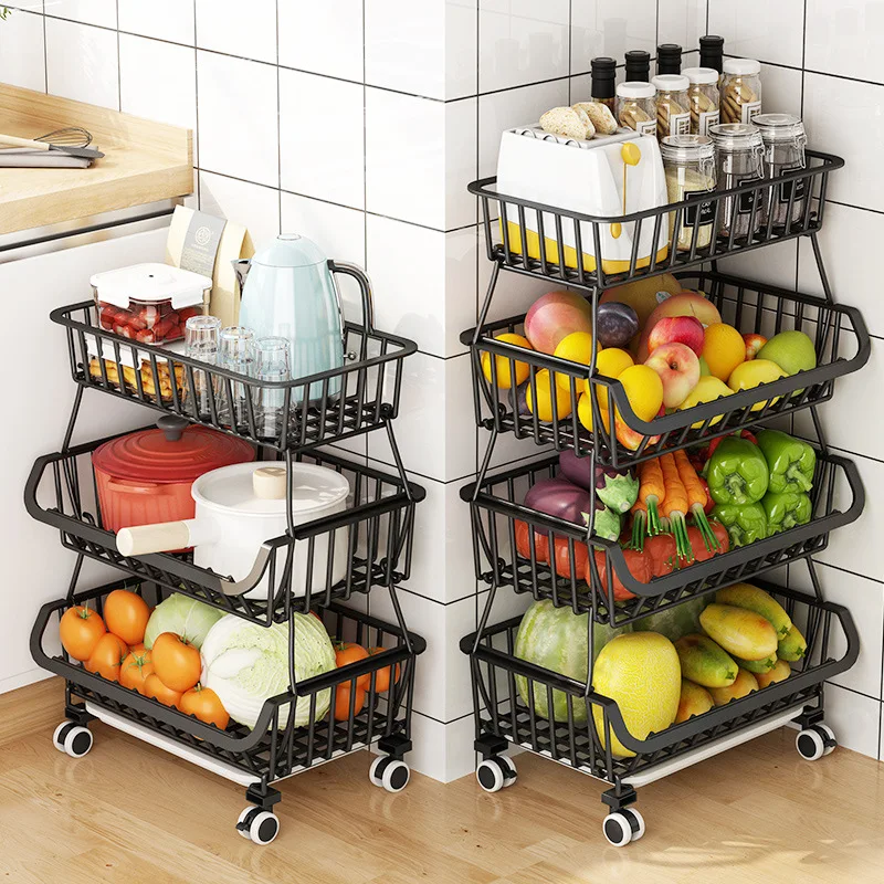 

4 Tier Slim Fruit Basket, Stackable Metal Fruit Vegetable Storage Organizer with Wheels, Produce Basket Potato Onion Bins Rack