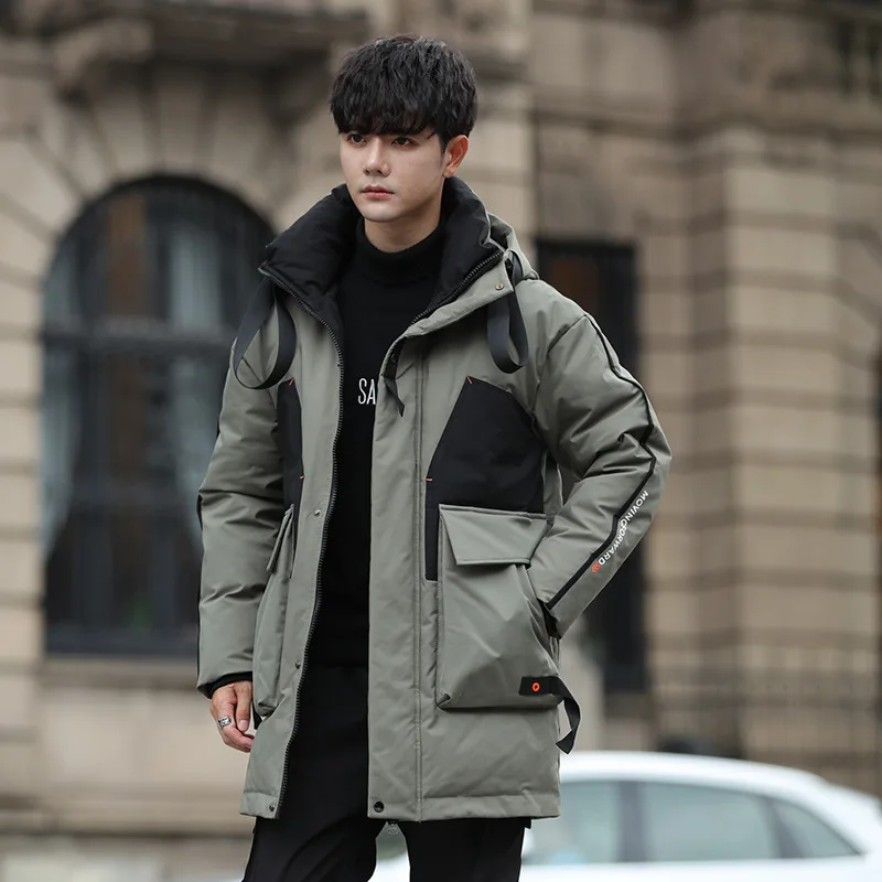 Down Jacket New Hooded Middle Long Young Students Trend Warm Thickened White Duck Down Men's Coat