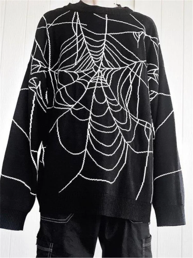 2022 Gothic Sweater Spider Web Print Dark Knit Top Sweater Punk Vintage Streetwear Fairy Grunge Knitting Winter Clothes Y2k Tops