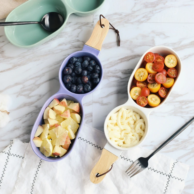 

Japanese-style Grid Plate Ceramic Fruit Snack Dessert Breakfast Plate with Wooden Handle Creative Tableware Kitchen Dinnerware