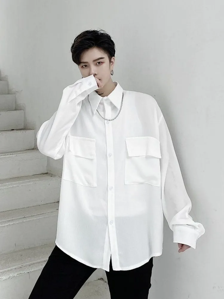

SYUHGFA 2022 Autumn Korean Streetwear Lapel Long Sleeve White Shirt For Men Big Pockets Loose Fashion Shirts Tops Men Clothing
