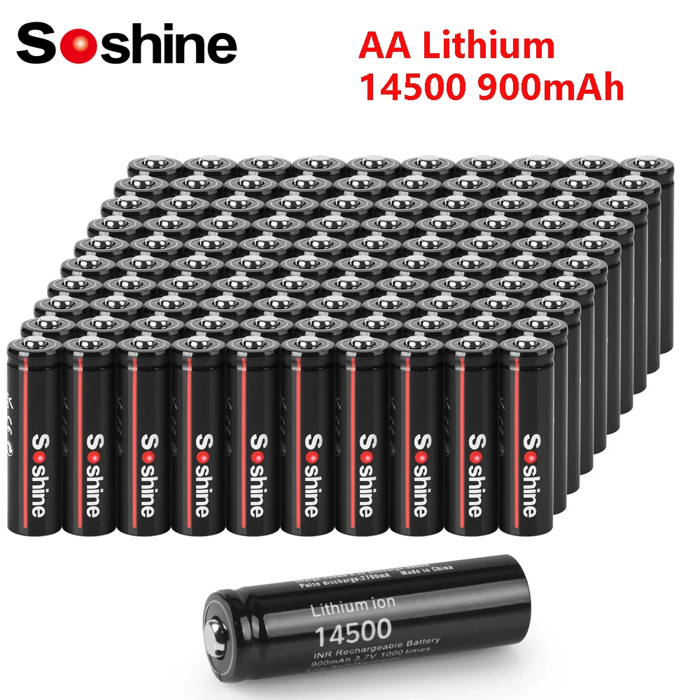 Soshine 100 шт. 3 7 В 900 мАч аккумуляторная батарея 14500 AA литий-ионная 1000 раз для