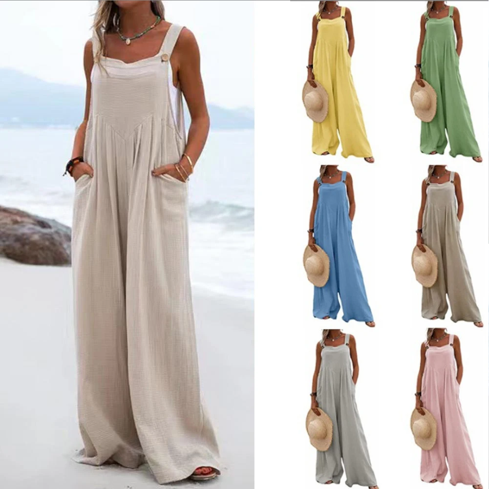 

Elegant Loose Jumpsuit Women Sling Wide Leg Bohemian Suspender Jumpsuit Casual Solid Color Sleeveless Rompers Pocket Long Pants