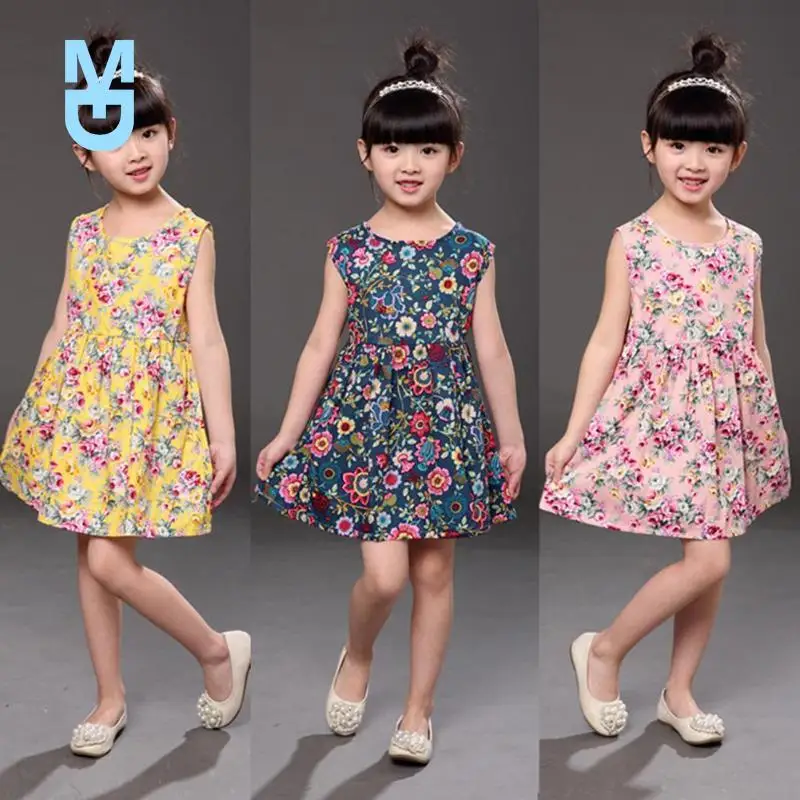 

New Children Dresses Kids Girl Sleeveless Flower Print Cotton and Linen floral Dress Baby Girl Spring Summer dresses for girls