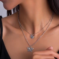 vintage style antique silver butterfly necklaces for women double layer clavicle chains necklace jewelry for ladies gift