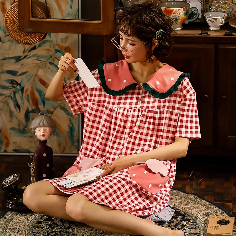 

Women Short Sleeve Pajama Dress Summer Cotton Loose Skirt Print Loose Comfortable Turn-down Collar Nightgowns Sexy Sleepwear