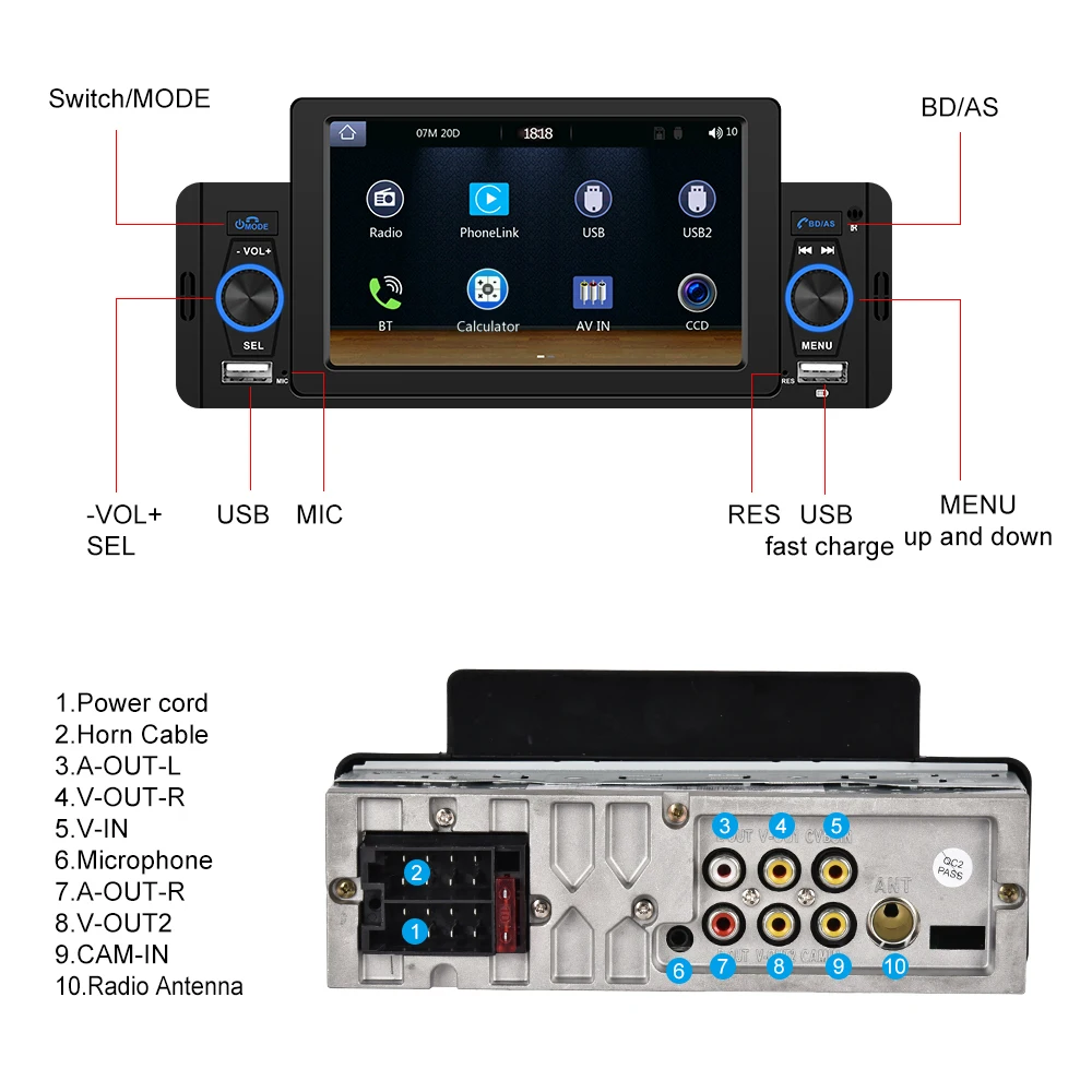 Podofo 5'' Car Radio 1Din CarPlay Android Auto Multimedia Player Bluetooth MirrorLink FM Receiver For Volkswagen Nissan Toyota images - 6