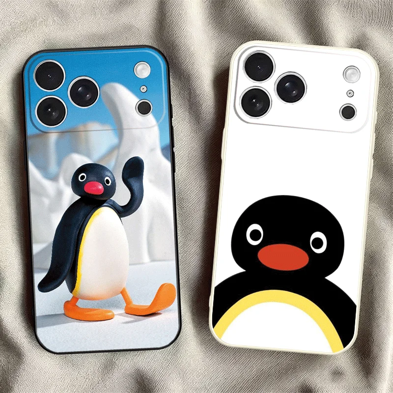 Фото Мягкий чехол для телефона с мультяшным пингвином P-Pingu для iPhone 16 17 Pro Max 17E 16E 14 15 Plus 12 13 7 8 SE, черно-белый, парный №2