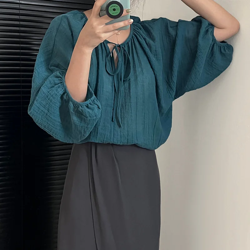 

Women Blouse Retro Temperament O-neck Lace Lantern Sleeve Pullover Casual Loose Three-quarter Sleeve Shirt Female 2022 Summer