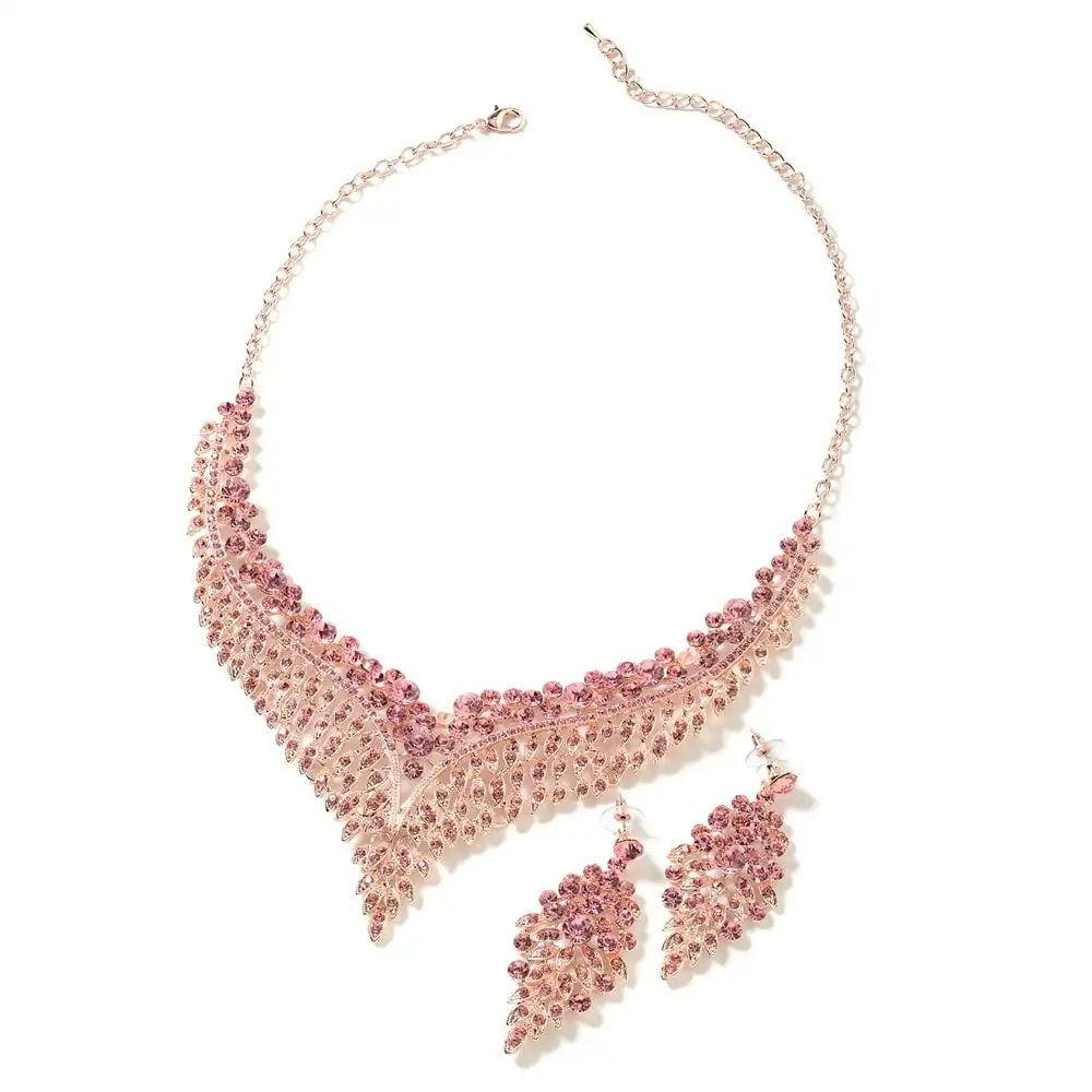 

Women Pink Crystal Earrings Bib Necklace Jewelry Set 20" Ct 49.2