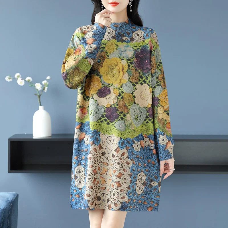 Платье-свитер с принтом осенне-зимняя женская одежда свободный стиль пуловеры в