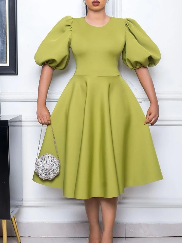 Women Elegant Club Party Dress Plus Size Puff Sleeves Pleated Midi Dresses High Waist Fashion Swing Robes Femme Gowns Vestidos