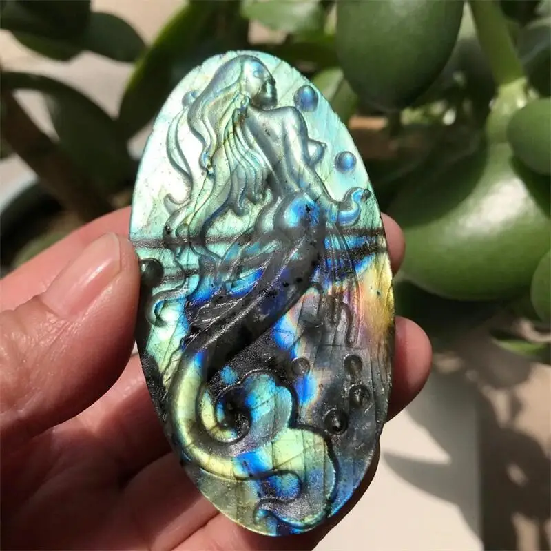 

Beautiful Crystal Mermaid Carvings Natural Hand-carved Labradorite Pendant Stone Necklace Fashion Jewelry Gifts 1pcs