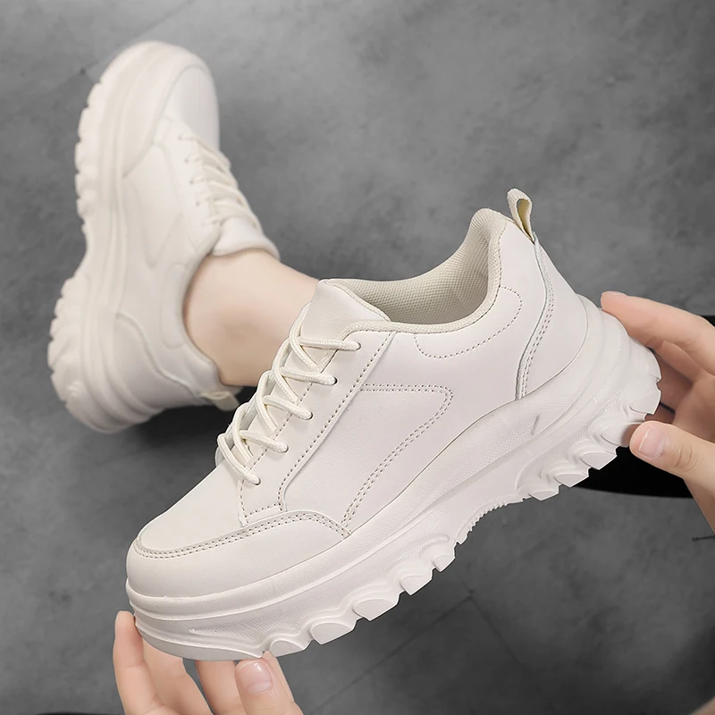 Women's Sneakers Fashion Thick Sole Casual Walking Shoes PU Lace Up Women's Height Increasing Shoes Breathable Comfortable White