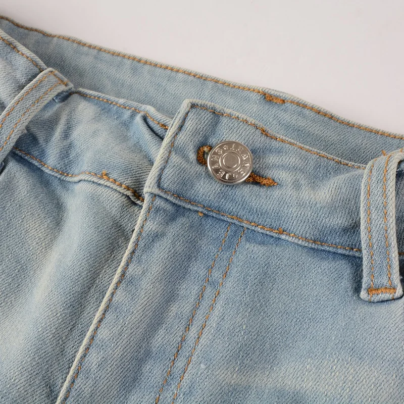 New Steetwear Style Tie Dye Bandana Ribs Patchwork Skinny Stretch Holes Slim Fit Light Blue High Street Distressed Ripped Jeans