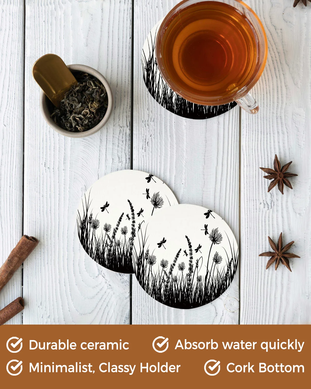 Подставки с черными цветами травой стрекозой керамический набор круглые