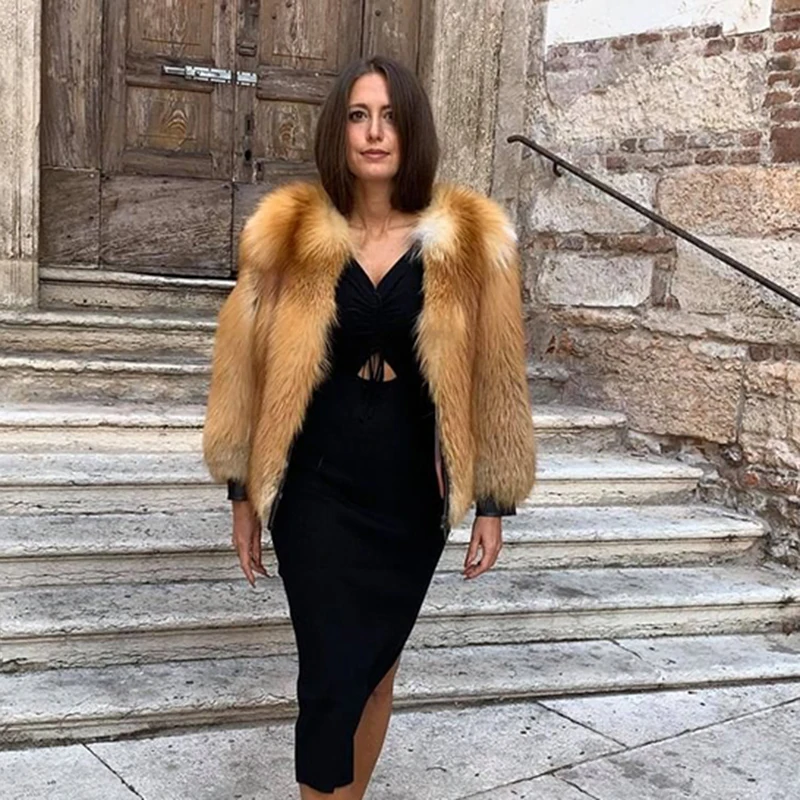 Genuine Red Fox Fur Coats Women Winter New High Street Design Outertwear Lady Natural Whole Skin Real Fox Fur Jacket Female