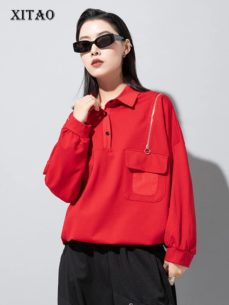 

XITAO Patchwork T-Shirt Loose Simplicity Turn-down Collar Fashion Casual Temperament 2023 Spring All-match New Top ZY8399