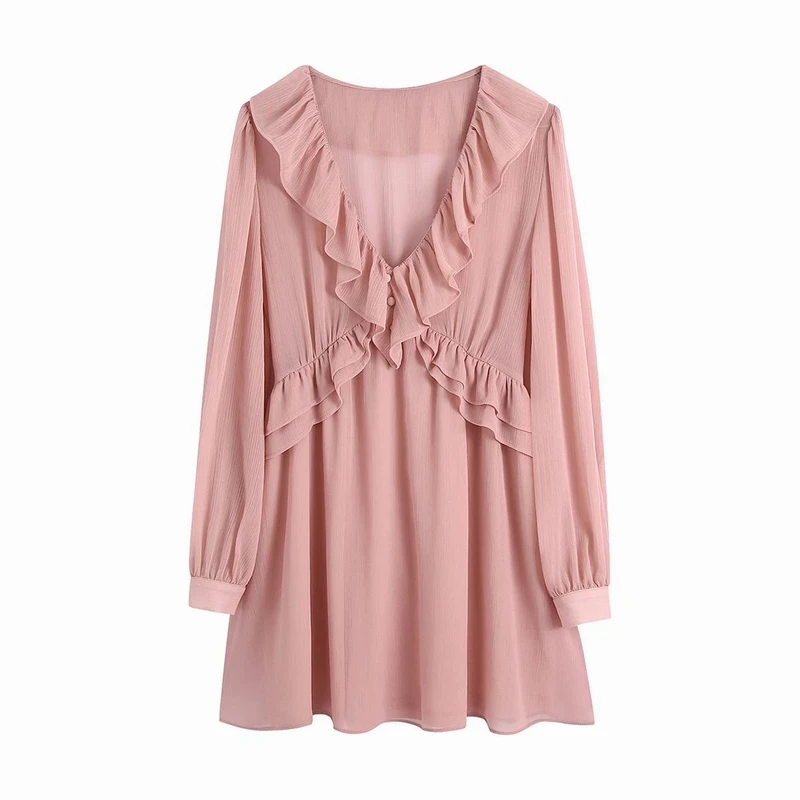 

Шифоновое платье с подкладкой, женская летняя одежда, новинка 2022, платье выше колена с оборками и вырезом, женское платье с длинным рукавом