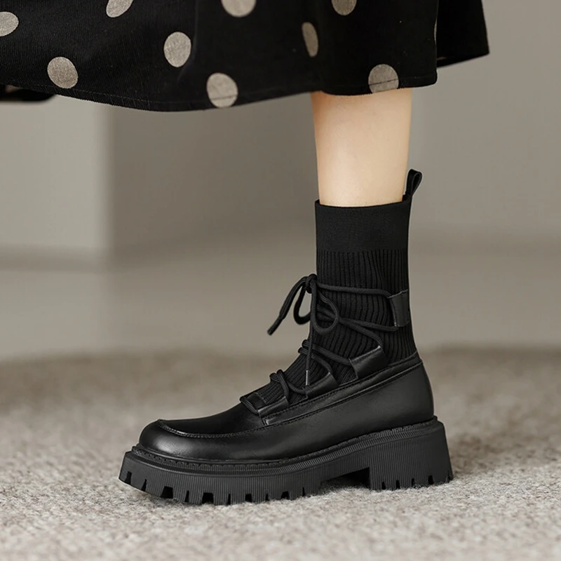 

NEW Fall Shoes Women Cotton Fabric Split Leather Boots Round Toe Platform Boots for Women Leisure Thick Heel Shoes Black Boots