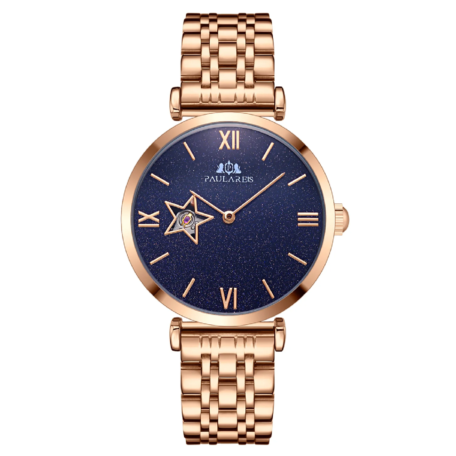 Automatic Self Wind Mechanical Rose Gold Stainless Steel Strap Stone Blue Starry Sky Dial Fashion Luxury Women Lady Watch