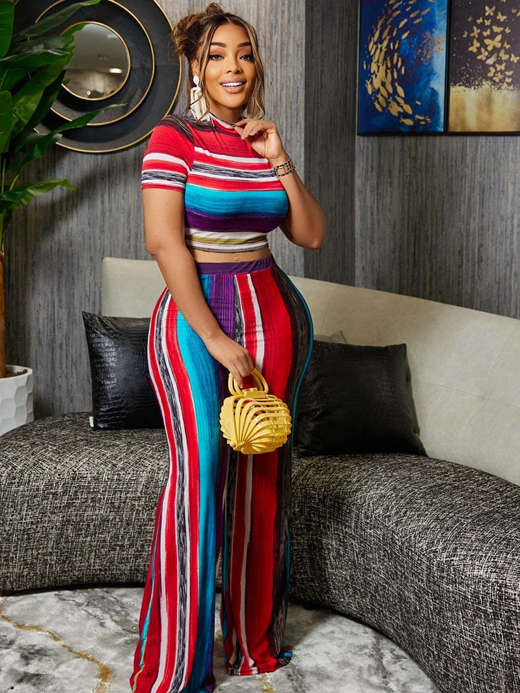 

2 Piece Set African Clothes Women Crop Tops Wide Leg Pant Suit Summer New Striped Print Streetwear Dashiki African Outfits 2022