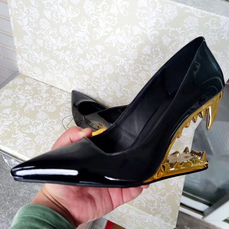 plus size hollow shaped heel designer high heels fashion wedge pumps sexy lady pointed toe women heels party OL shoes nude pumps