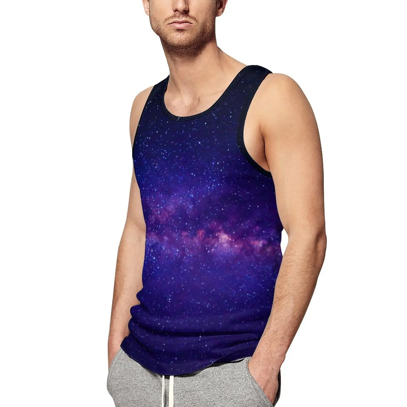 

Purple Starry Night Summer Tank Top Galay Print Training Tops Mens Custom Sportswear Sleeveless Shirts Big Size