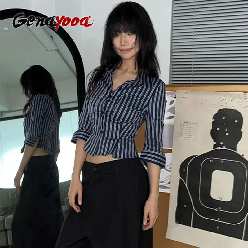 Genayooa Y2k винтажная рубашка женская тонкая полосатая повседневная 2000-х годов