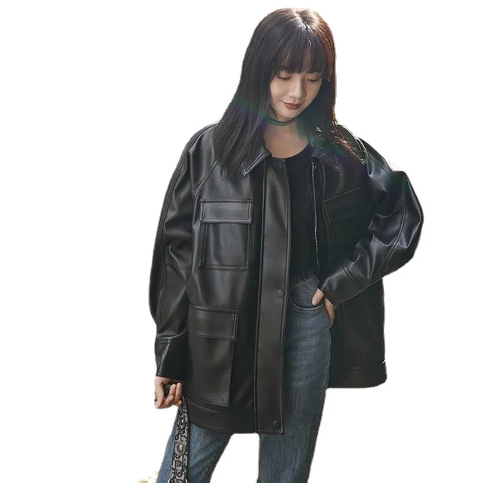 Autumn Winter 2022 Port Leather Jacket Women's Midi Fashion Coat Student Leather Jacket High Street Gothic Girl Punk Black