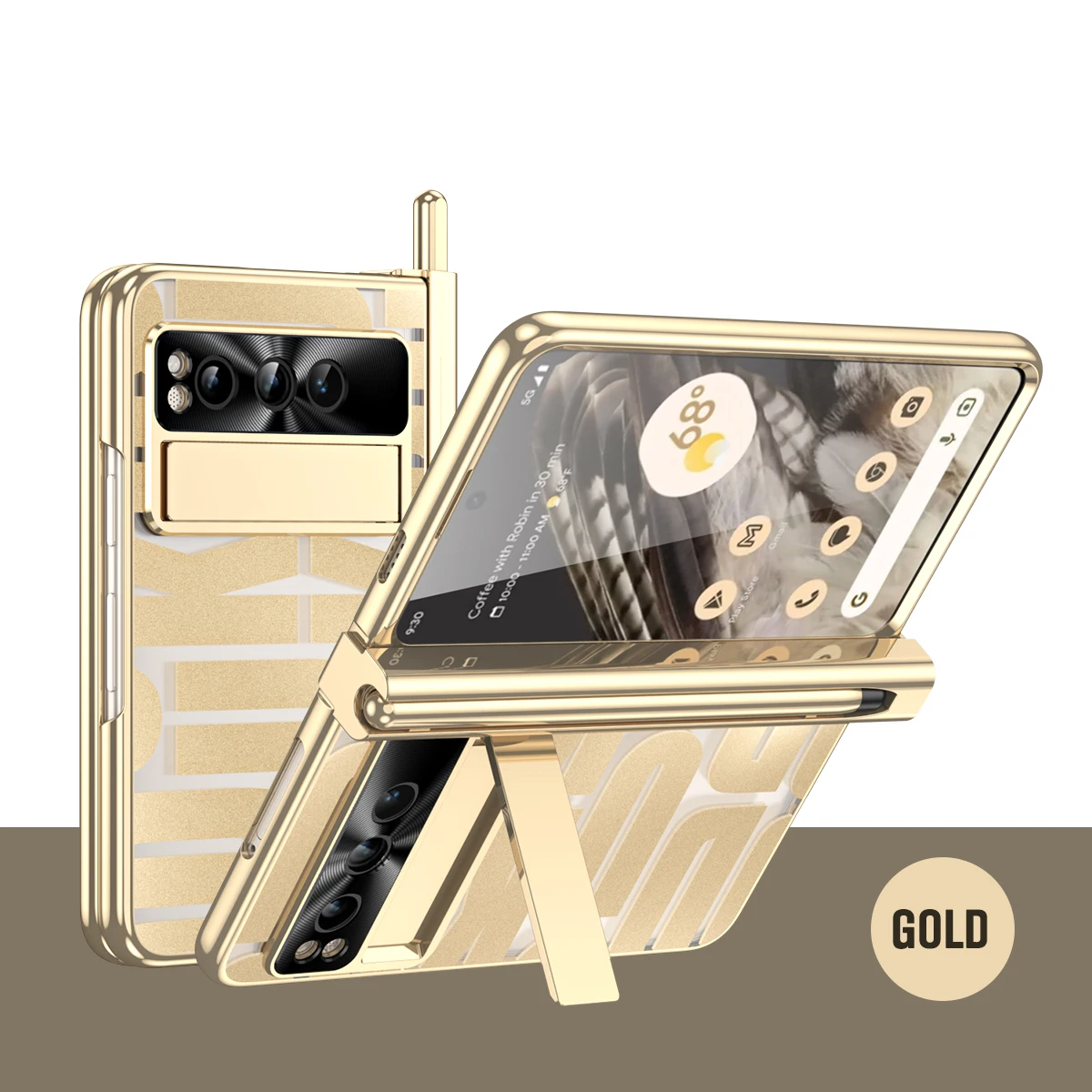 Plating Hinge Case For Google Pixel Fold with Pen Holder Fashion Pictorial Full Protector Transparent Acrylic Kickstand Cover