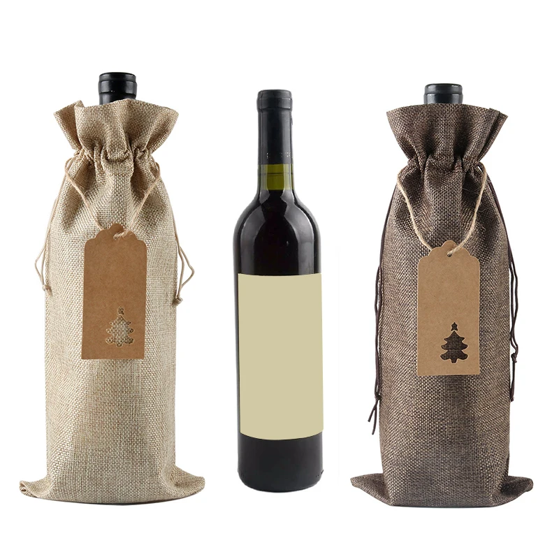 

10 Pieces Burlap Wine Bags Jute Wine Bottle Bags with Drawstrings Reusable Wine Gift Bags with Tags for Party Blind Tasting Birt