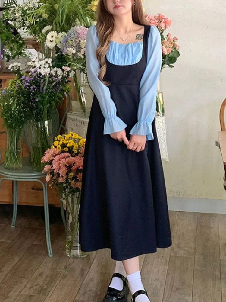 

Elegant Dress Women Long Sleeve Vintage Patchwork Long Dresses Preppy Style Oversize 2022 Autumn Female Robe Streetwear