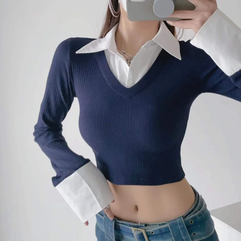 

Женская хлопковая Футболка-поло с длинным рукавом и высокой талией