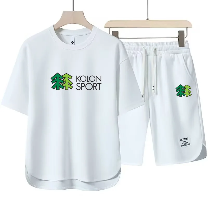 Summer New Men's 2-Piece T-shirt +Shorts Set Fashion Ventilate Printing Loose Harajuku Style Street Apparel Casual Golf Sportswe