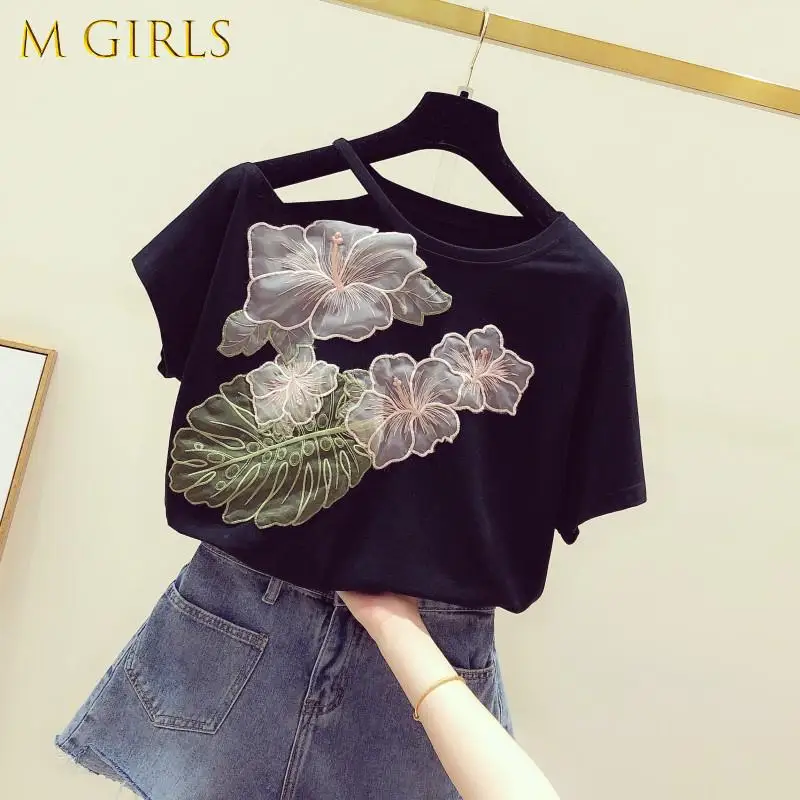 

M GIRLS Korean Fashion Women T-shirts Short Sleeve T Shirt 2022 Summer Embroidery Flower Top Ladies White Graphic Tees Shirts