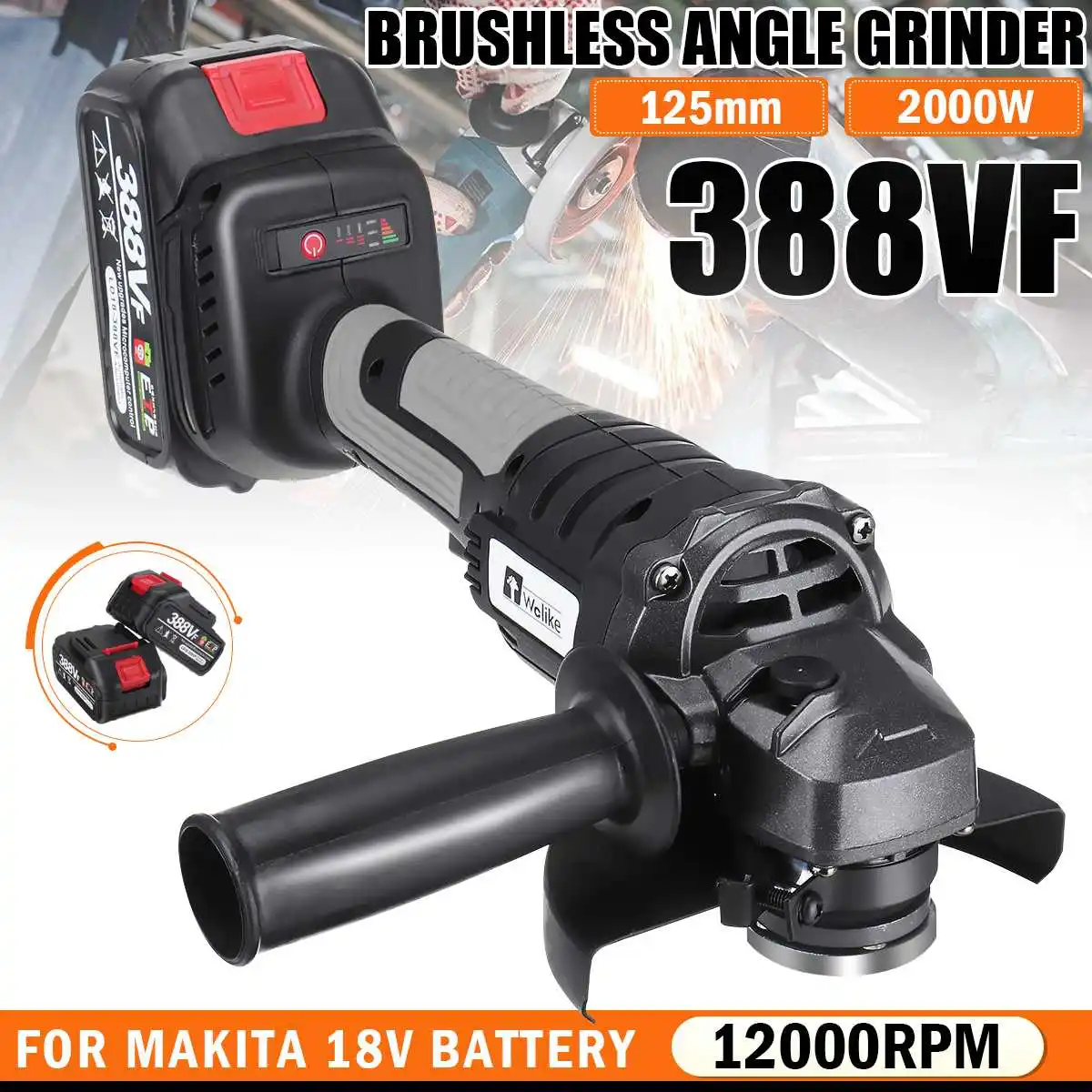 

Wolike 12000RPM 2000W Brushless Cordless Electric Angle Grinder 125mm Variable Speed Grinder Machine For Makita 18V Battery