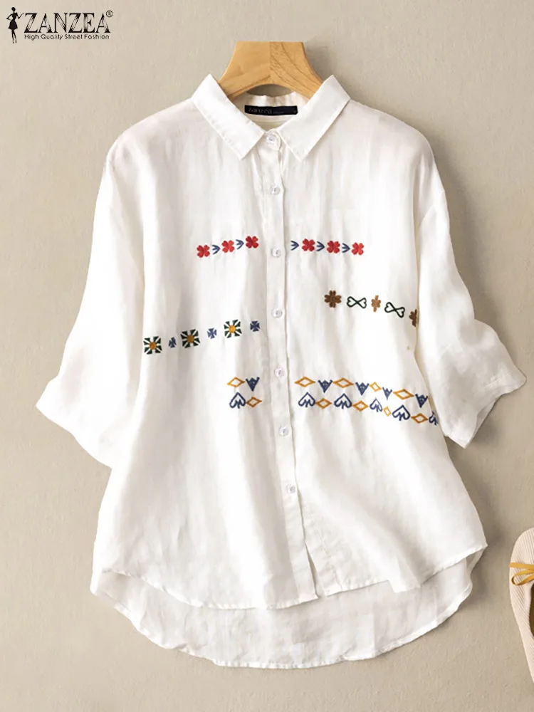 

Офисные топы ZANZEA с коротким рукавом, Повседневная Туника с отложным воротником, большие размеры, рубашки 2022, модная блузка с вышивкой и прин...