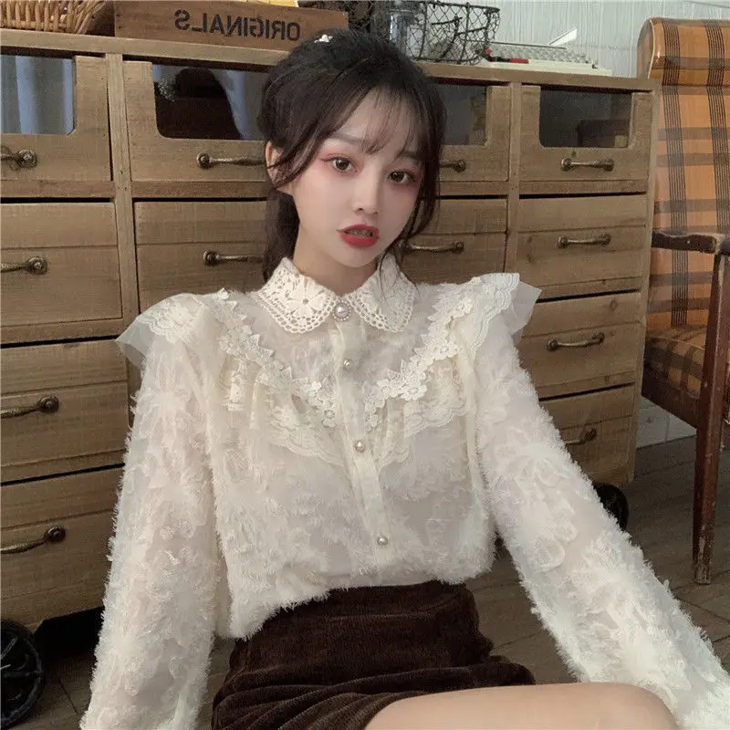 

DUOFAN Spring Autumn Women Lace Patchwork Pearl Buttons Ruffle Polo Neck Blouses Straight Fleece Solid Color High Street Shirts