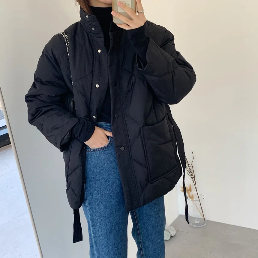 2021 New Cotton Solid Coat with Belt, Ladies Loose Pocket Bubble Thick Down Jacket Ladies Jackets Keep Warm In Autumn and Winter